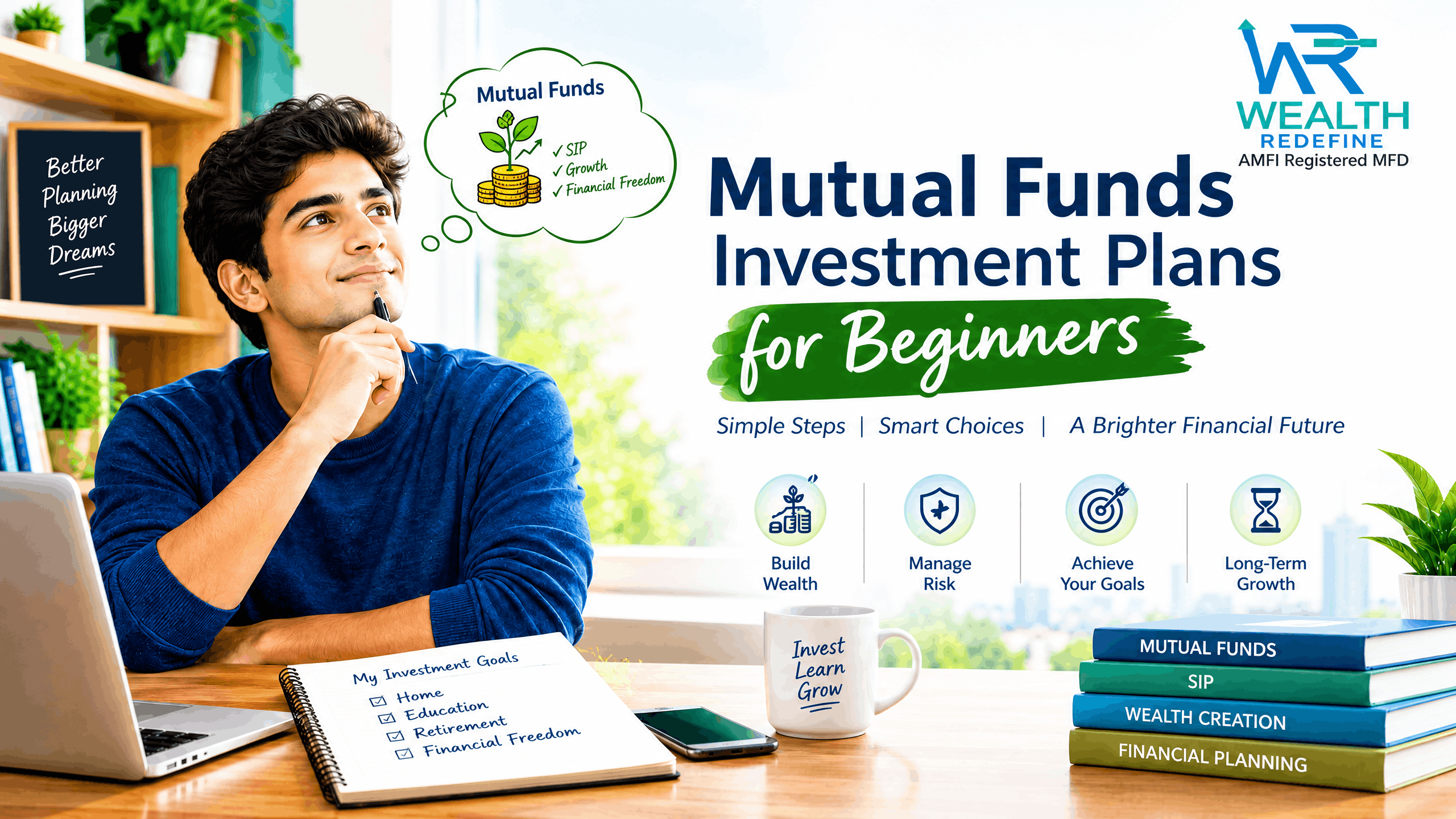 a young indian investor thinking about mutual fund investment plans for beginners like SIP and 4 finanace related book on the table near his laptop