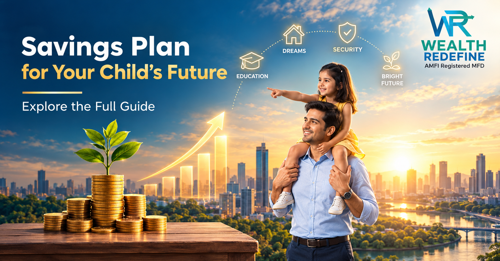 a father with his daughter is looking savings plan for child